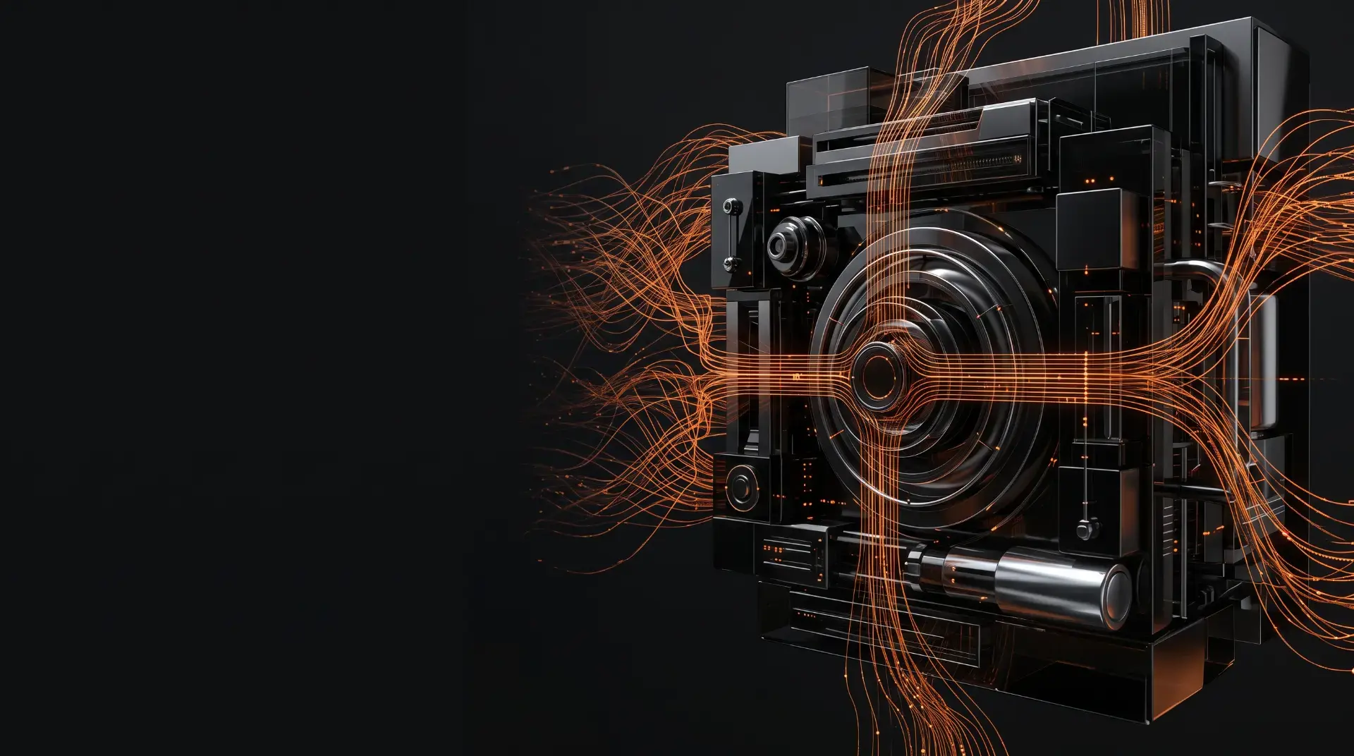 Futuristic black mechanical core with glowing orange energy filaments