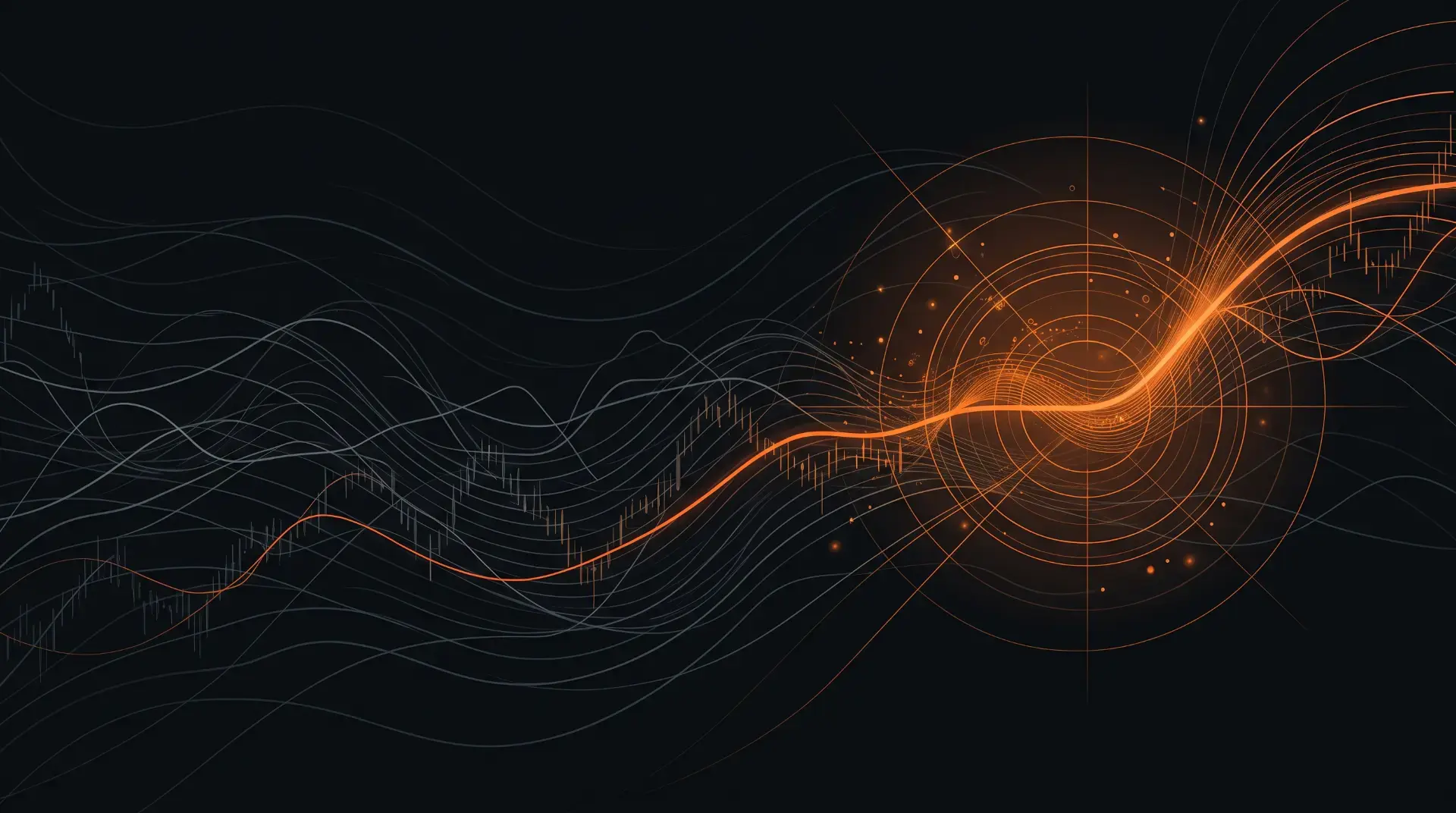 Abstract financial data visualization with an orange signal-detection crosshair