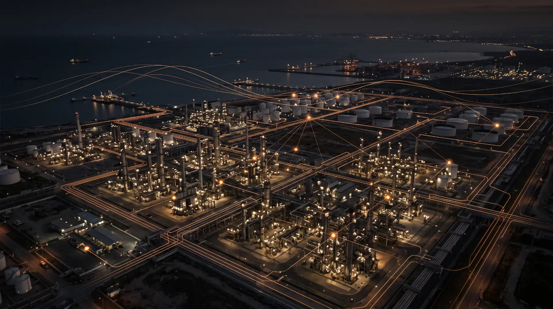 Aerial night view of an energy refinery with an orange data network overlay