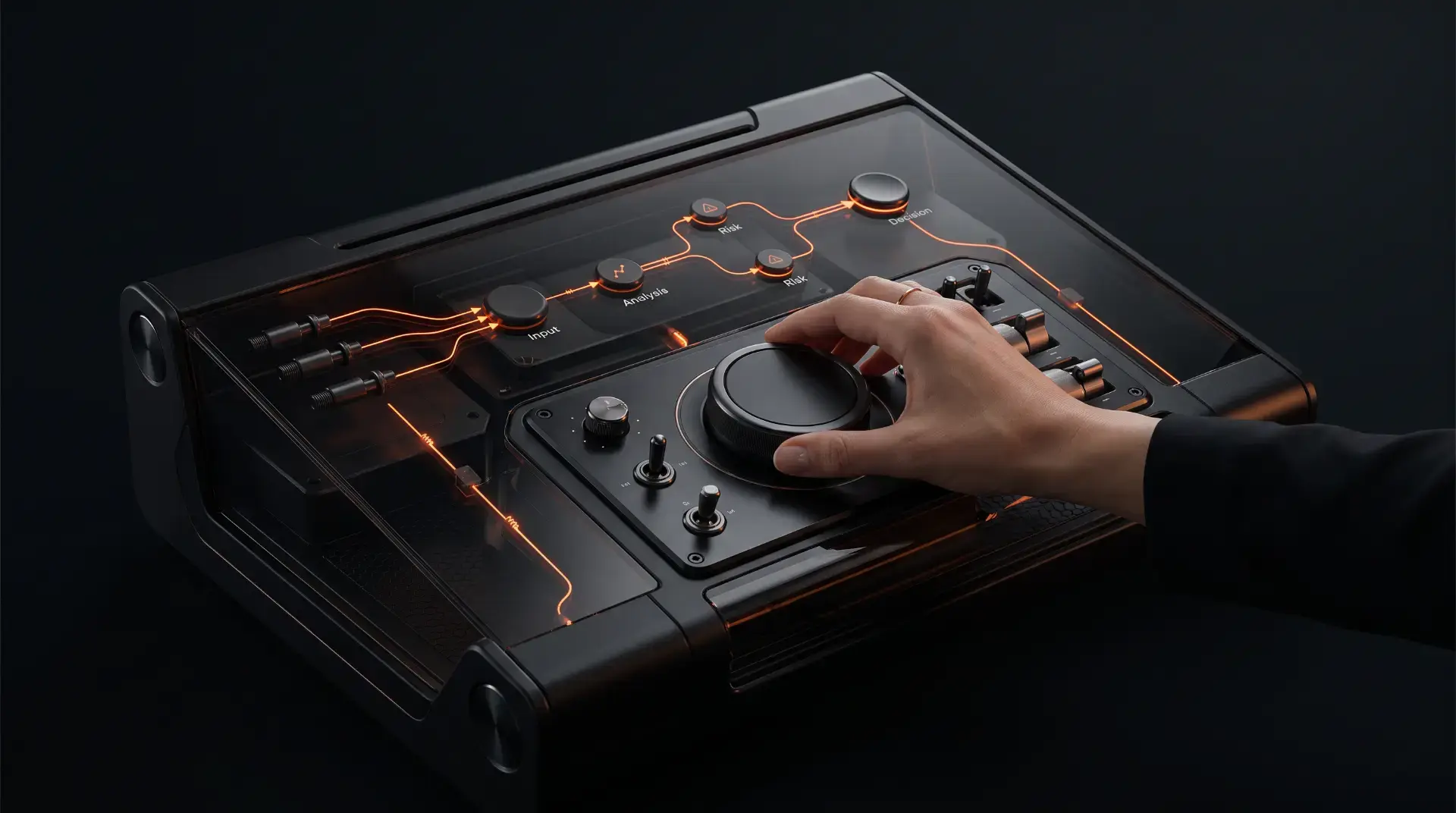 Futuristic black control console with glowing orange circuitry and analysis flow