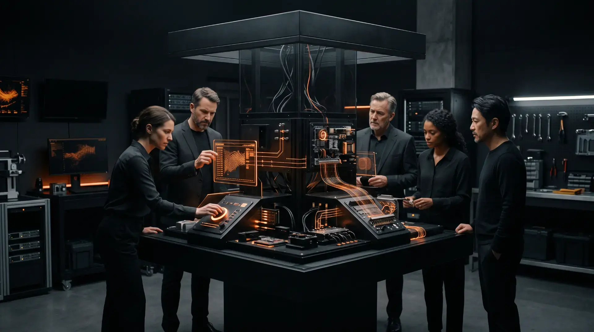 Raluvio team gathered around a glowing technological core in a dark lab
