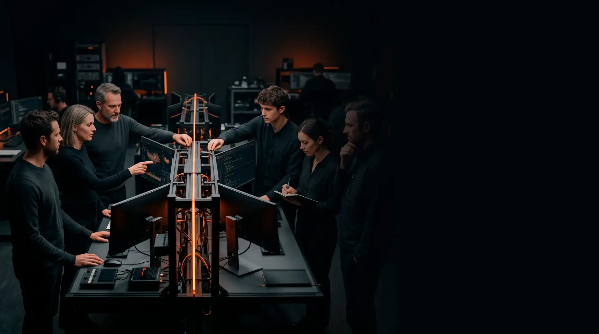 Raluvio team gathered around a central workstation in a dark high-tech lab